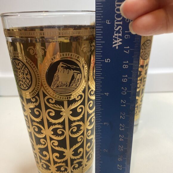 Set of 2 1965 Libbey Rock of Gibraltar Prudential Highball Glasses Gold & Black - Picture 8 of 9